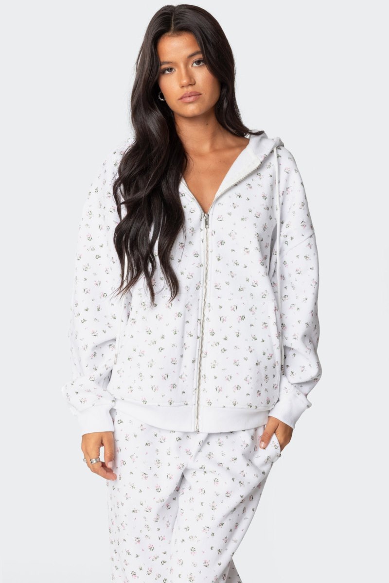Edikted Bouquet Oversized Zip Up Hoodie Long Sleeve Tops Cream | USA GO705670I0