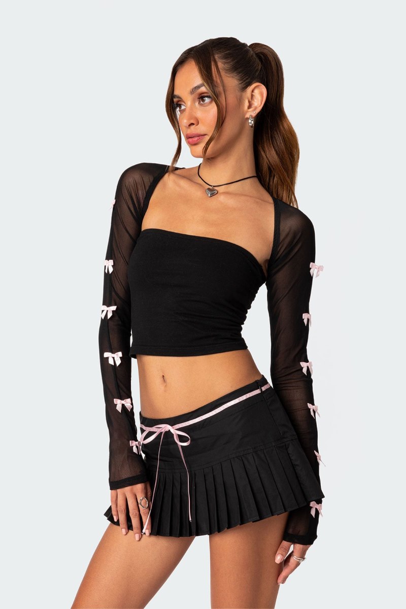 Edikted Bow Babe Sheer Mesh Shrug Long Sleeve Tops Black | USA YE507030T2