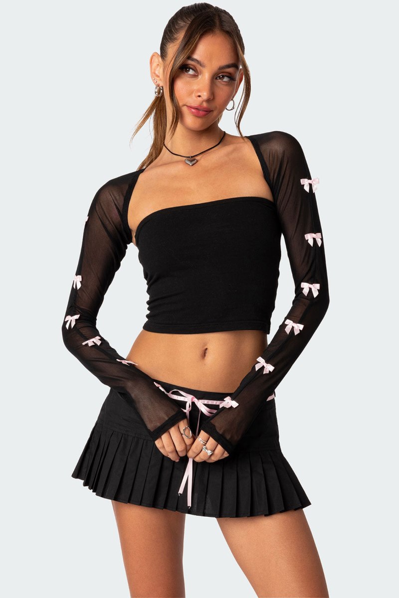 Edikted Bow Babe Sheer Mesh Shrug Long Sleeve Tops Black | USA YE507030T2