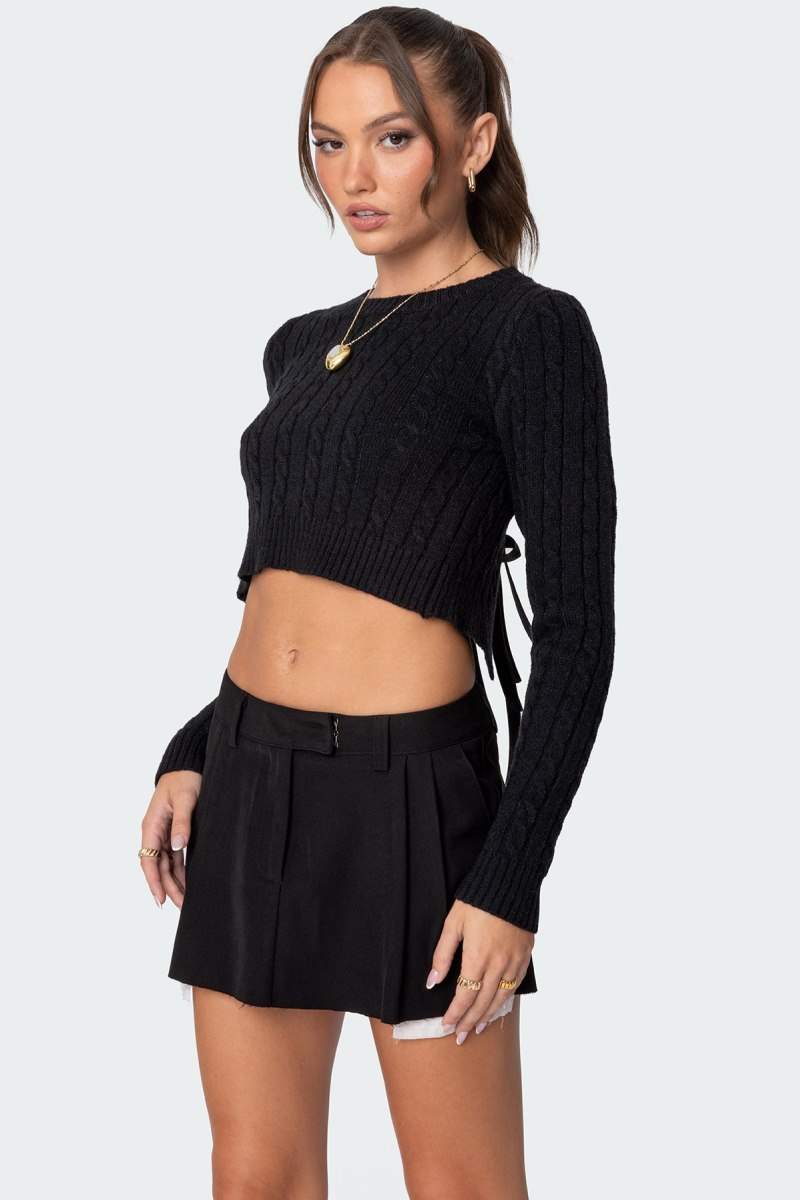 Edikted Bow Back Cropped Cable Knit Sweater Black | USA GN603100A2