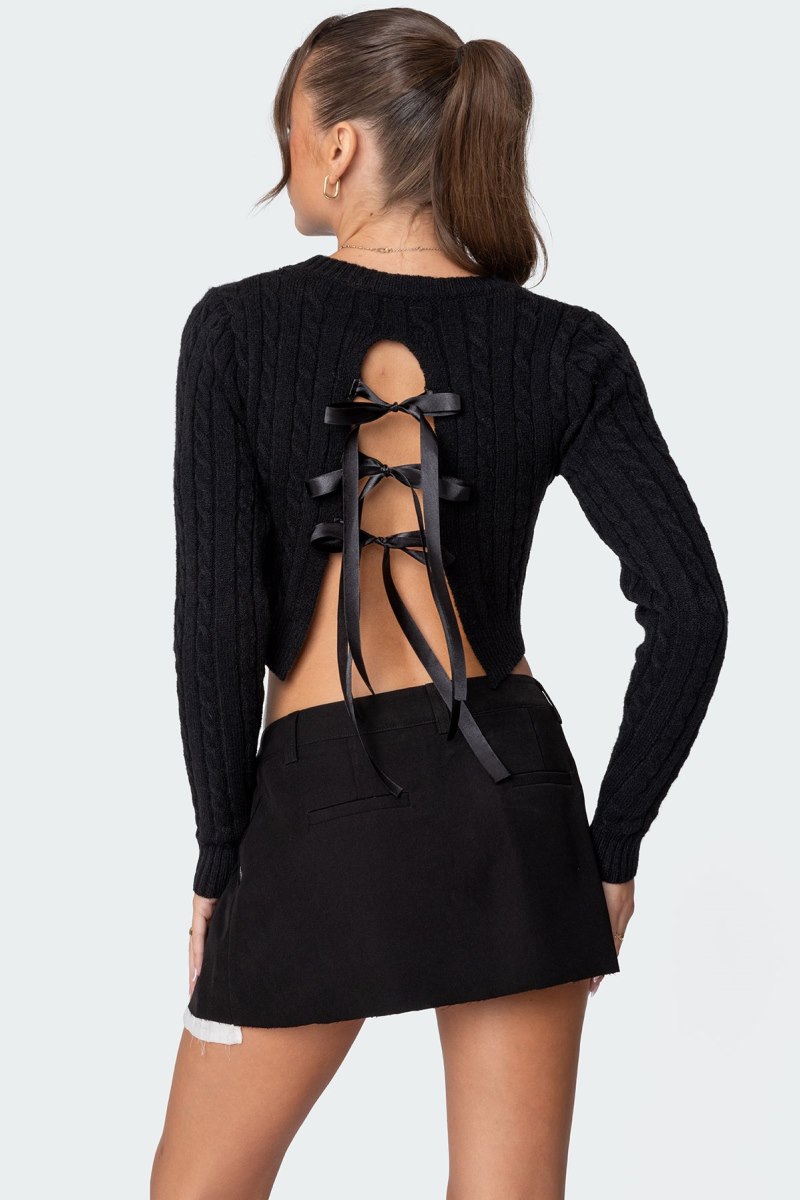Edikted Bow Back Cropped Cable Knit Sweater Black | USA GN603100A2