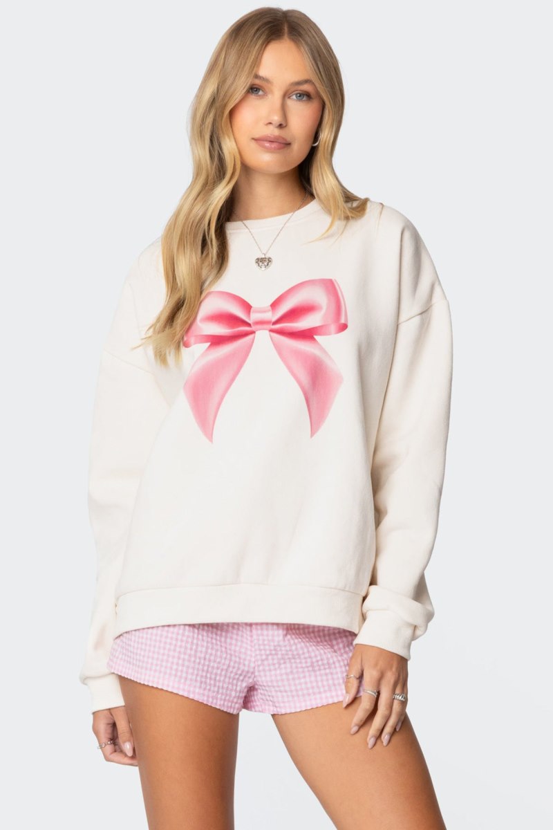 Edikted Bow Brat Printed Sweatshirt Long Sleeve Tops Cream | USA TG916861K7