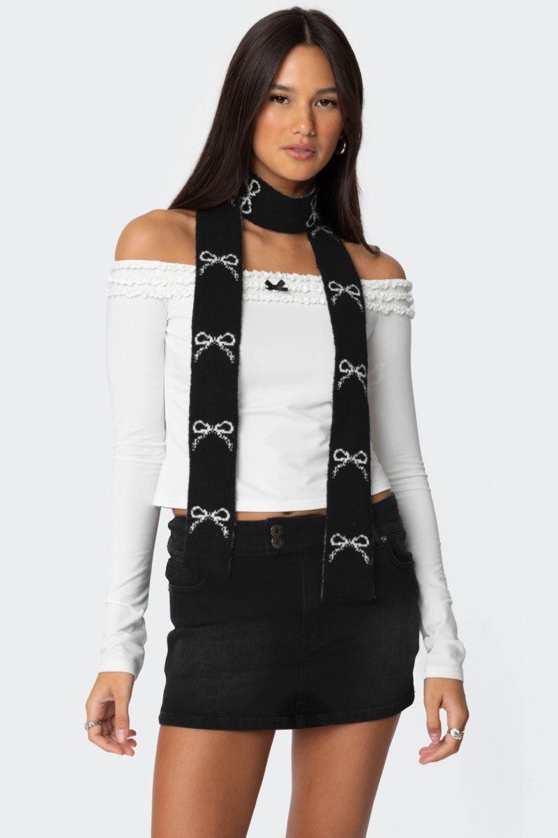 Edikted Bow Knit Skinny Scarf Black And White | USA FA848374A6