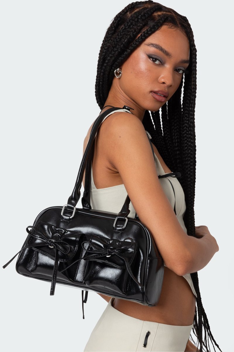 Edikted Bow Pocket Faux Leather Shoulder Bags Black | USA MB863826W5