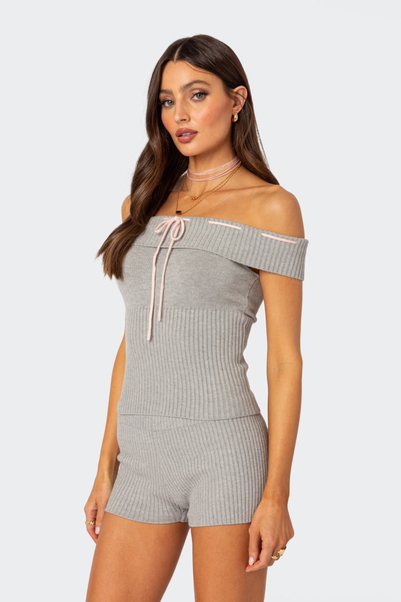 Edikted Bow Time Fold Over Knitted Tops Gray Melange | USA RH991109X7