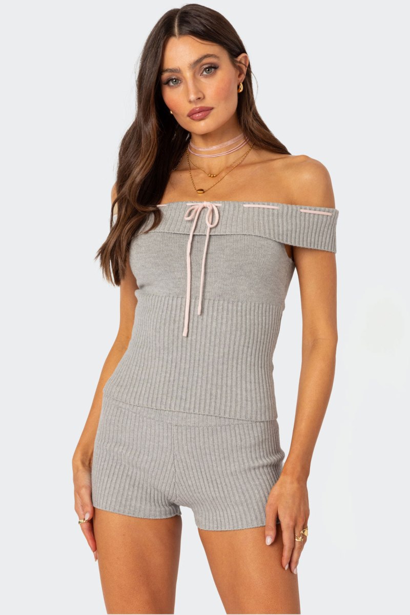 Edikted Bow Time Fold Over Knitted Tops Gray Melange | USA RH991109X7