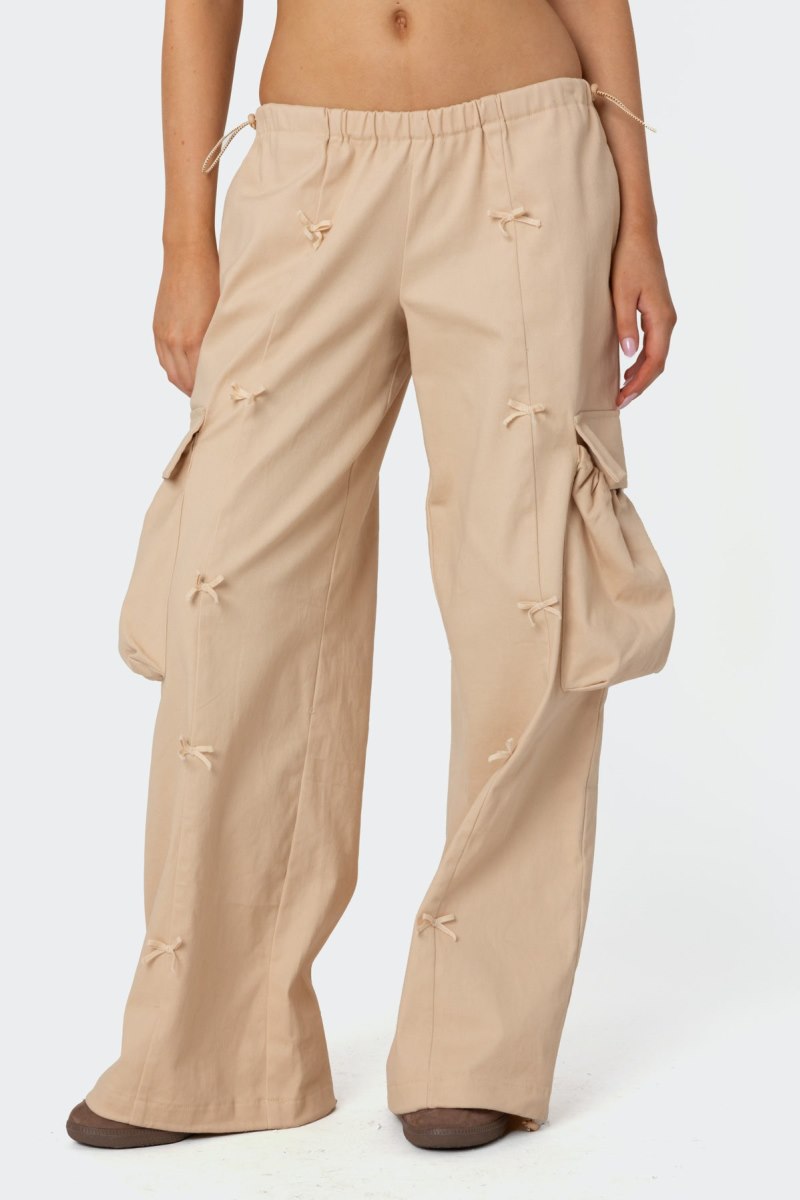 Edikted Bow Trim Cargo Parachute Pants Beige | USA JX769806W0