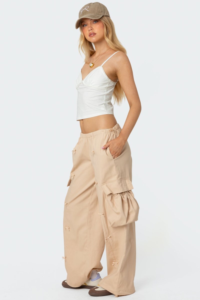 Edikted Bow Trim Cargo Parachute Pants Beige | USA JX769806W0