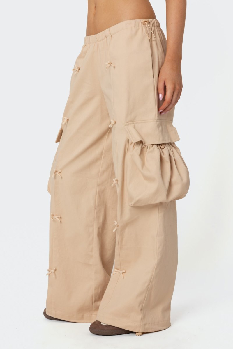 Edikted Bow Trim Cargo Parachute Pants Beige | USA JX769806W0