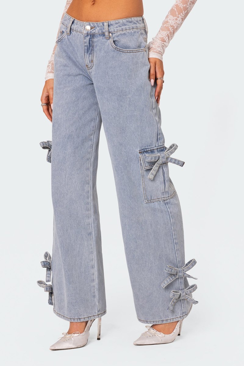 Edikted Bows 4 Days Low Rise Baggy Jeans Cargo Pants Light Blue | USA OX124322K4