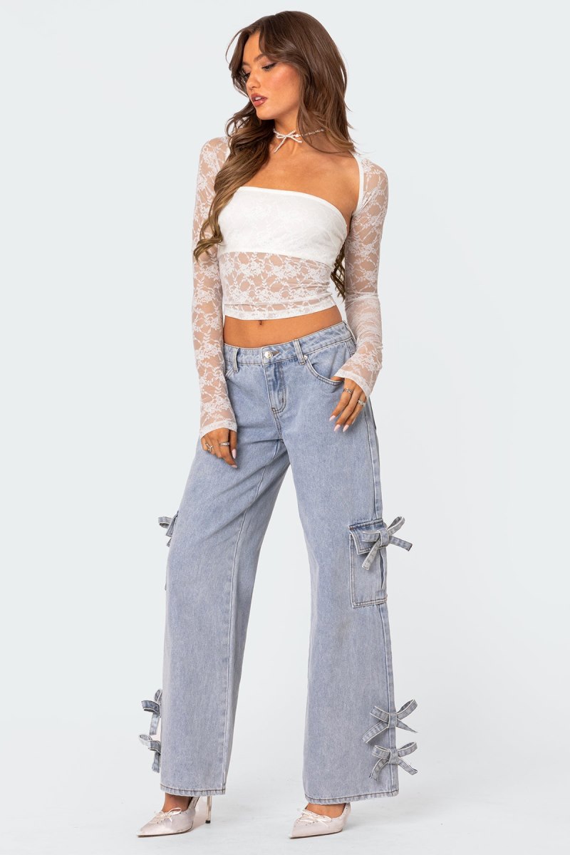 Edikted Bows 4 Days Low Rise Baggy Jeans Cargo Pants Light Blue | USA OX124322K4