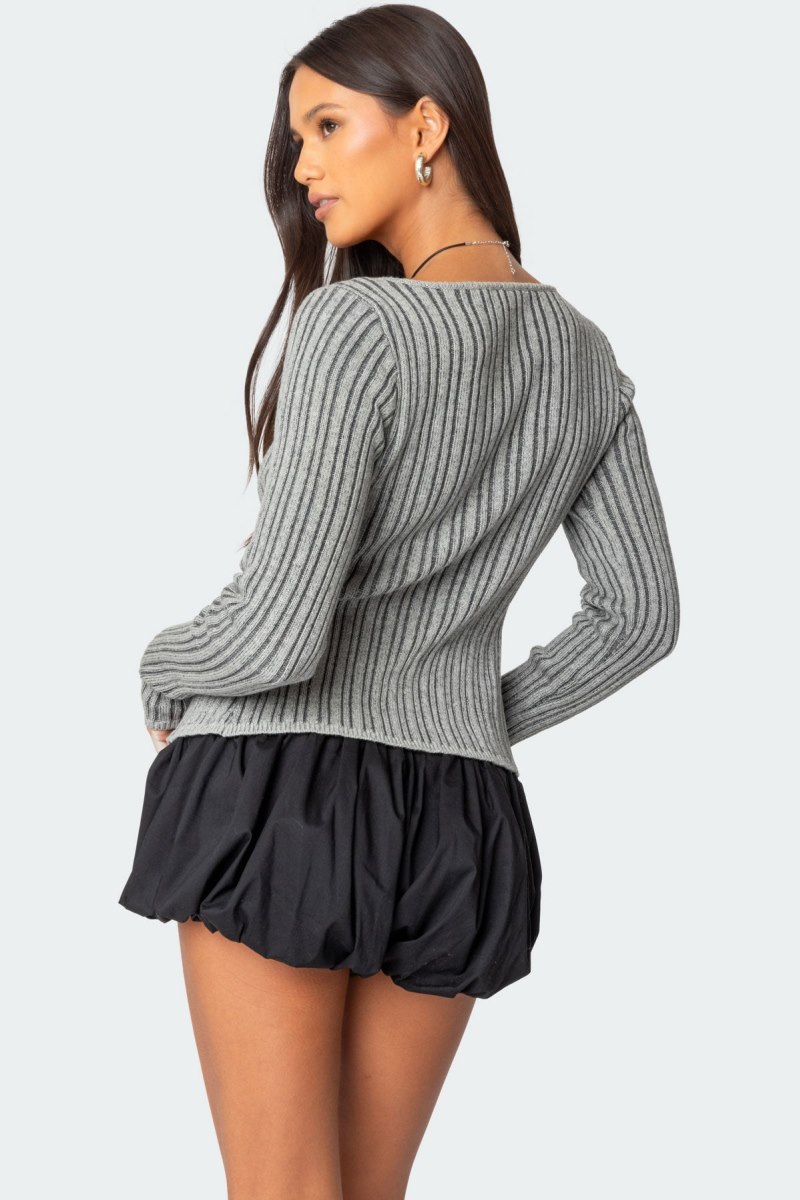 Edikted Bowtie Split Front Knit Long Sleeve Tops Gray | USA GY458675C7