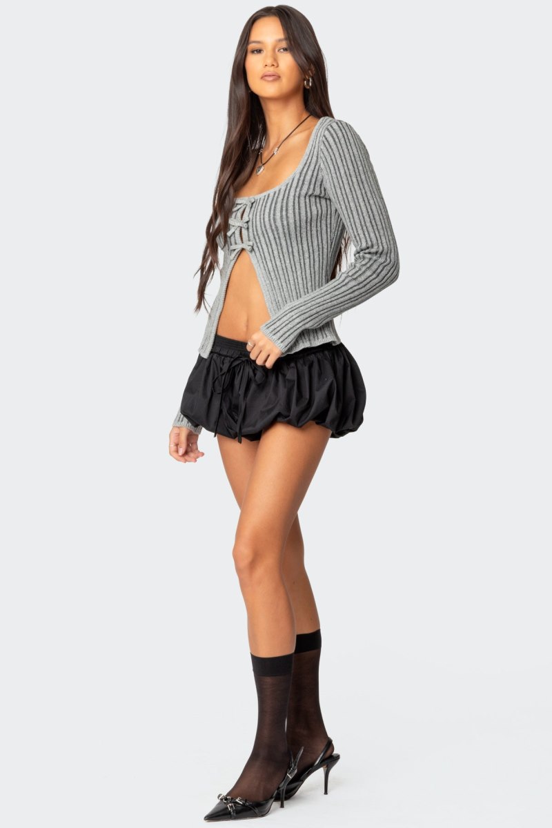 Edikted Bowtie Split Front Knit Long Sleeve Tops Gray | USA GY458675C7