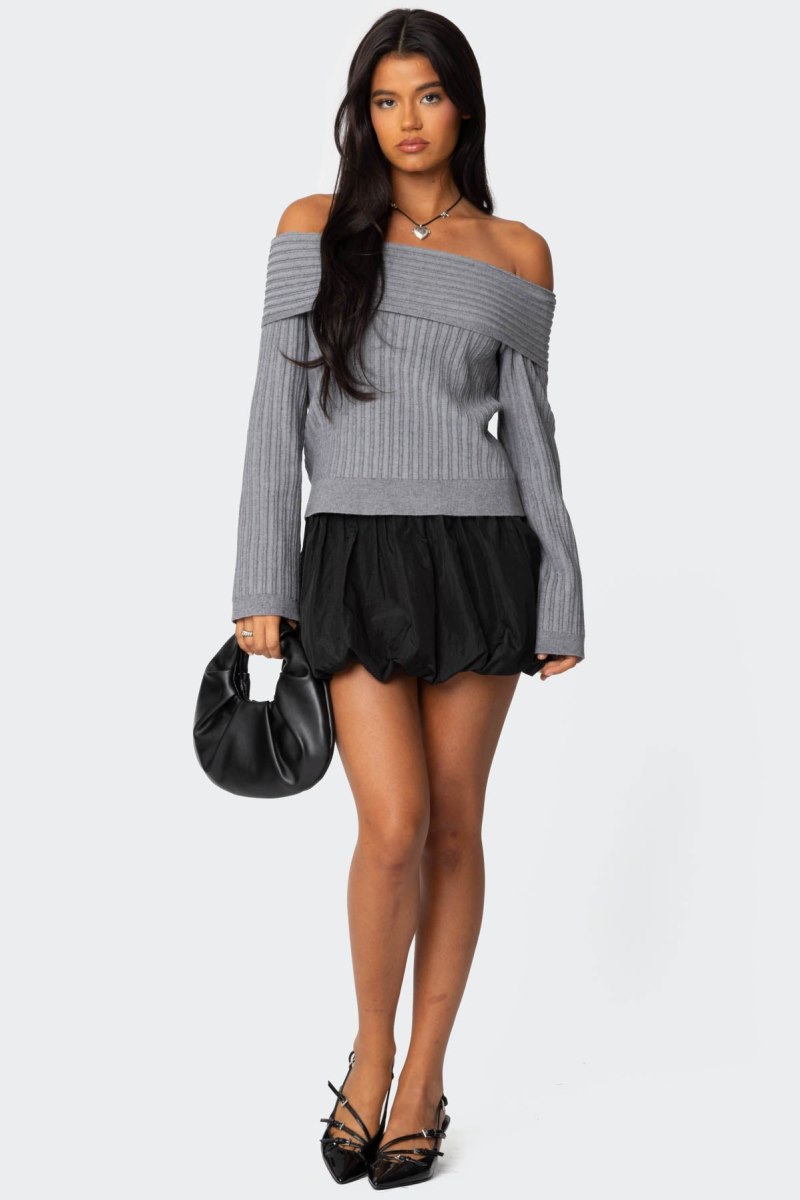 Edikted Brandy Fold Over Ribbed Sweater Long Sleeve Tops Dark Gray | USA YU739523O0