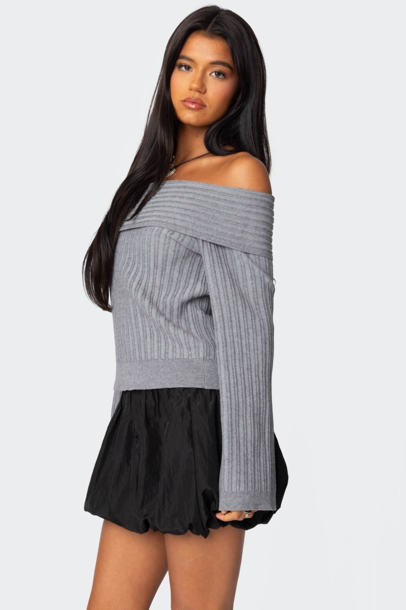 Edikted Brandy Fold Over Ribbed Sweater Long Sleeve Tops Dark Gray | USA YU739523O0