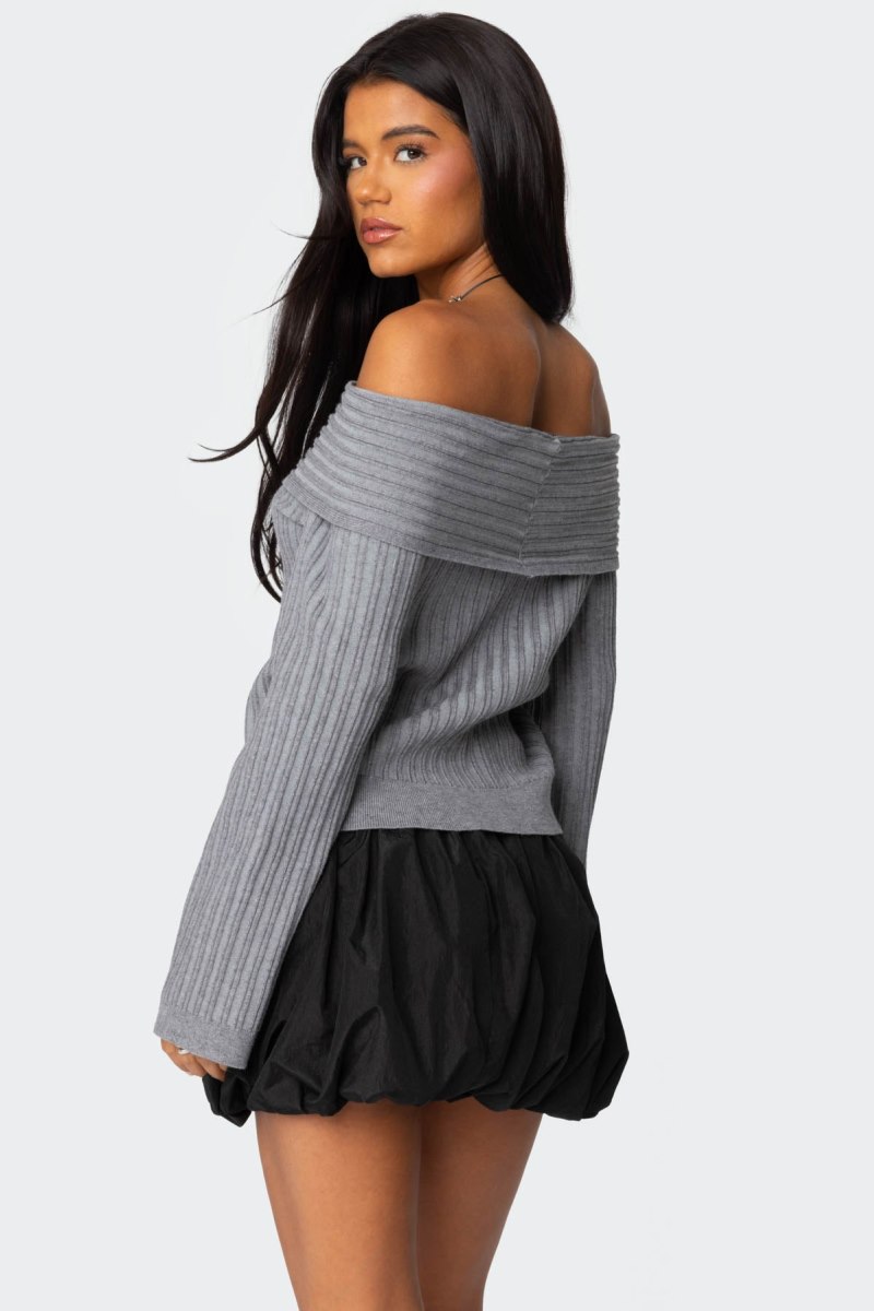 Edikted Brandy Fold Over Ribbed Sweater Long Sleeve Tops Dark Gray | USA YU739523O0