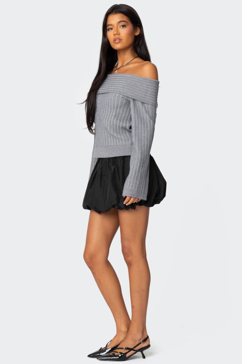 Edikted Brandy Fold Over Ribbed Sweater Long Sleeve Tops Dark Gray | USA YU739523O0