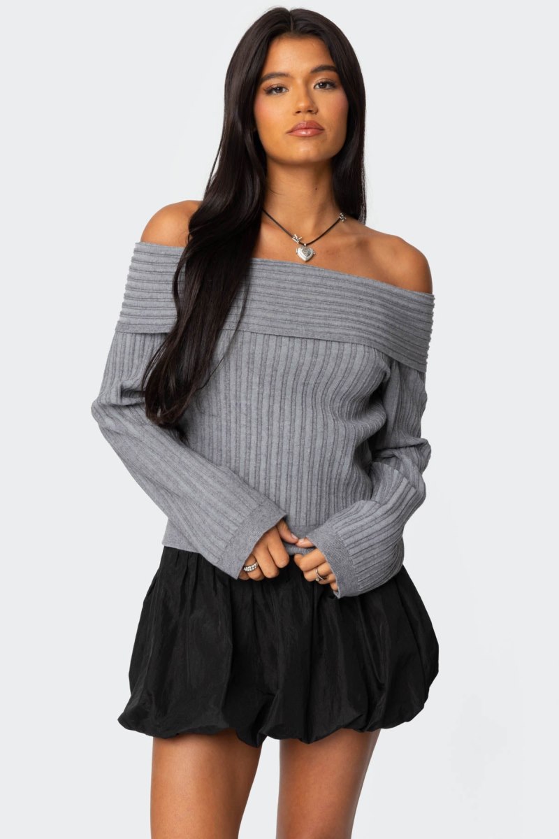 Edikted Brandy Fold Over Ribbed Sweater Long Sleeve Tops Dark Gray | USA YU739523O0