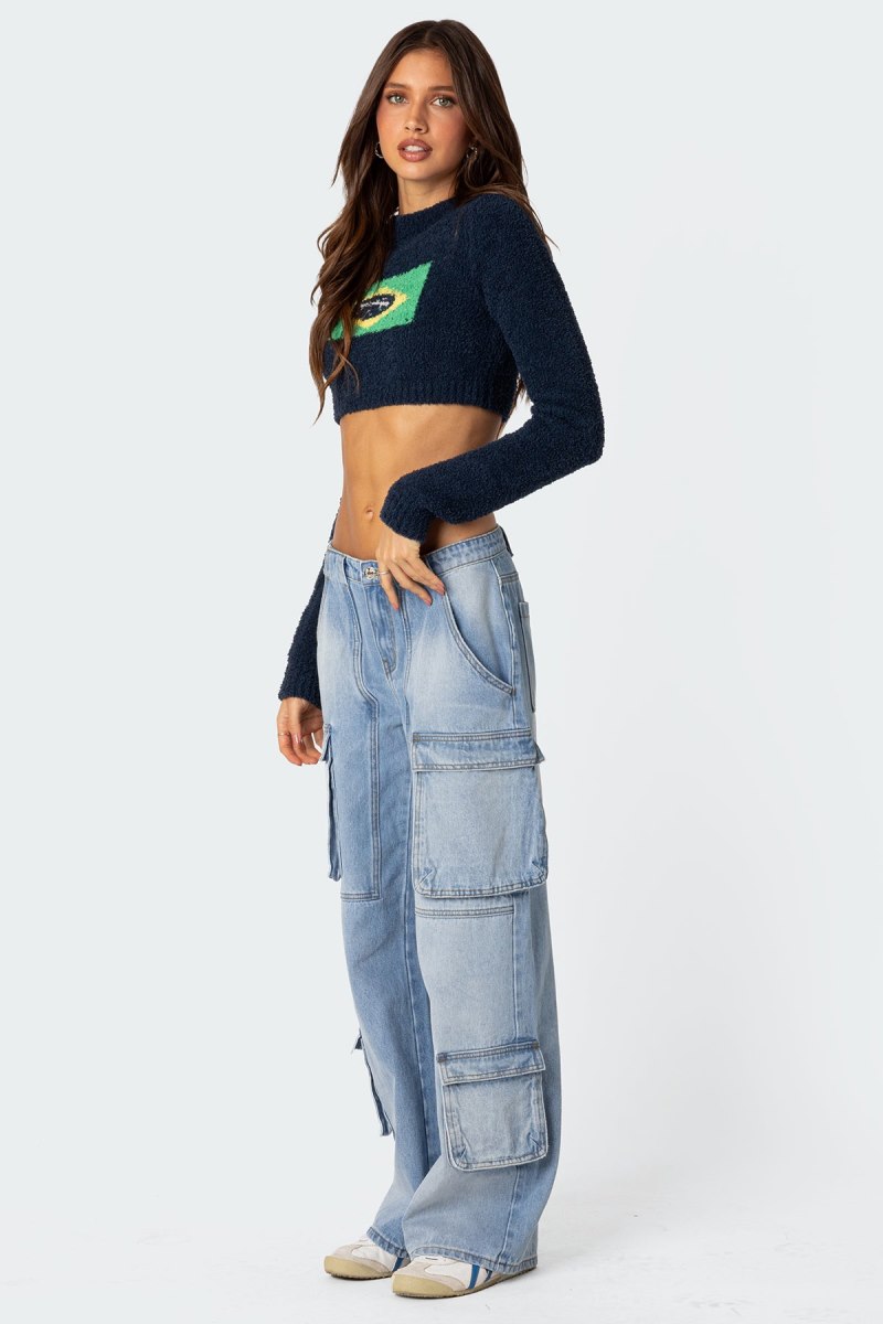 Edikted Brasil Cropped Sweater Long Sleeve Tops Navy | USA NA426562P7