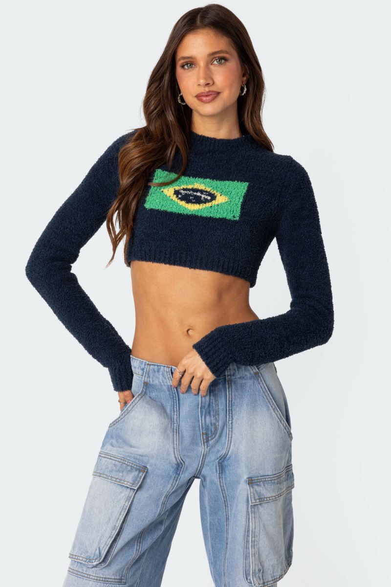 Edikted Brasil Cropped Sweater Long Sleeve Tops Navy | USA NA426562P7