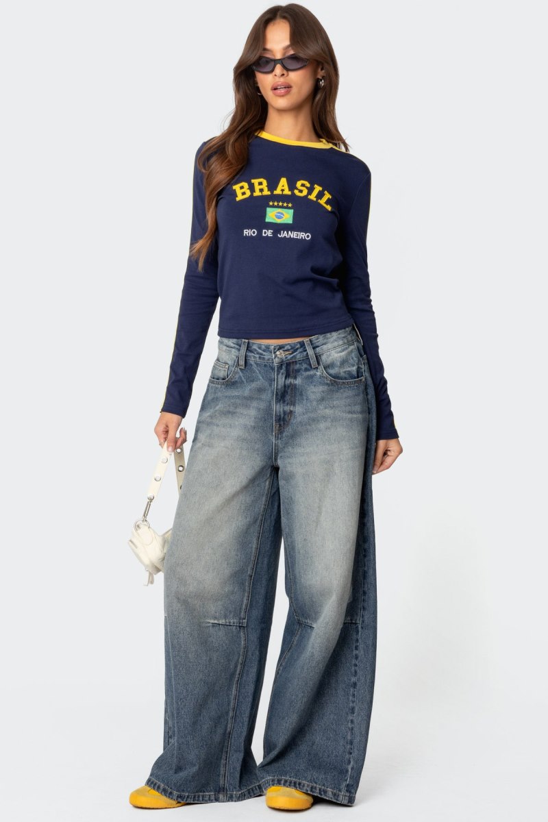 Edikted Brasil Embroidered Long Sleeve T Shirt Graphic Tops Navy | USA PE684958C7