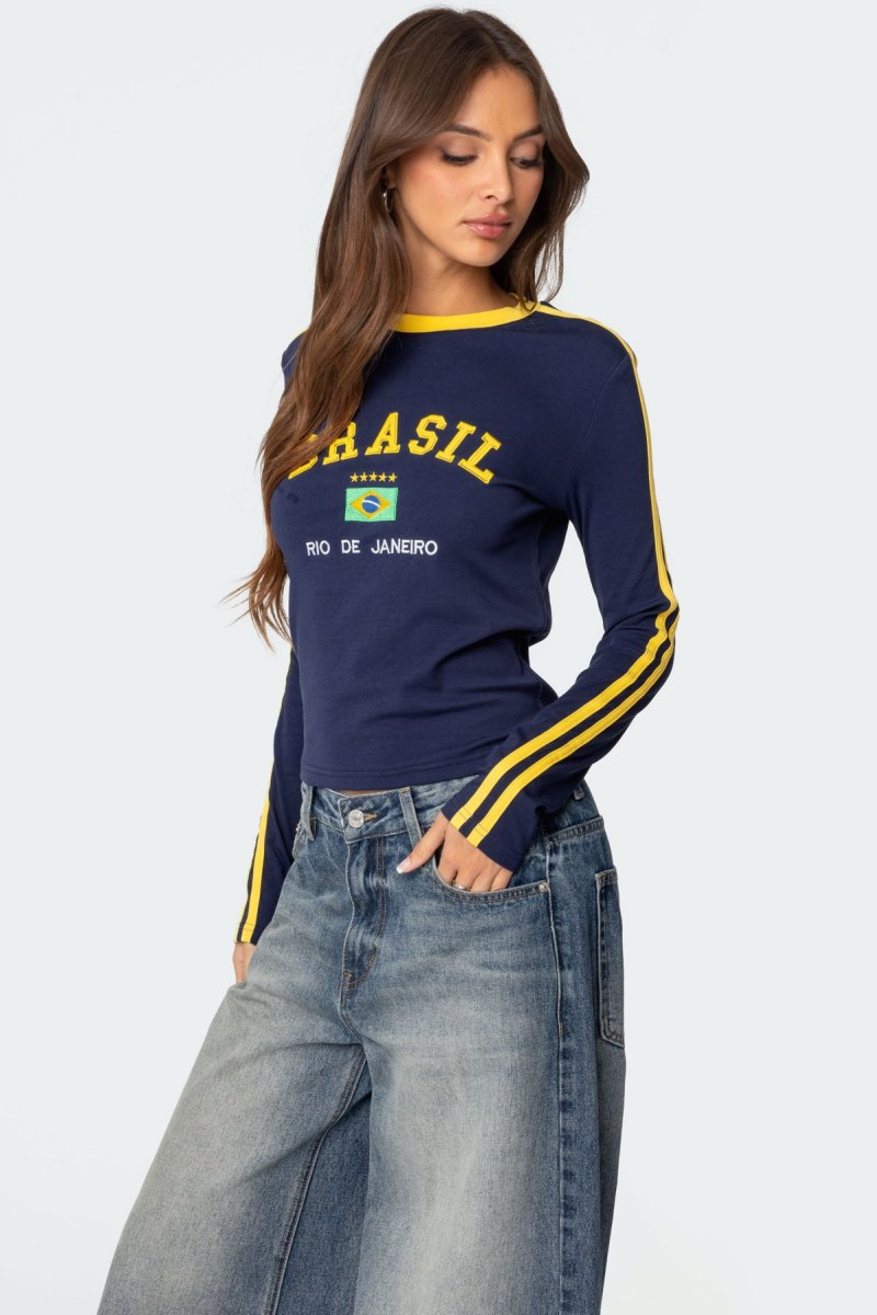 Edikted Brasil Embroidered Long Sleeve T Shirt Graphic Tops Navy | USA PE684958C7