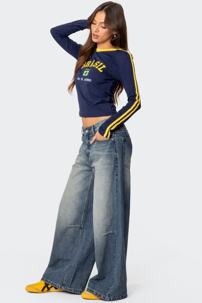 Edikted Brasil Embroidered Long Sleeve T Shirt Graphic Tops Navy | USA PE684958C7