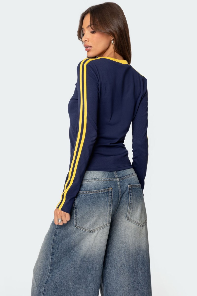 Edikted Brasil Embroidered Long Sleeve T Shirt Graphic Tops Navy | USA PE684958C7