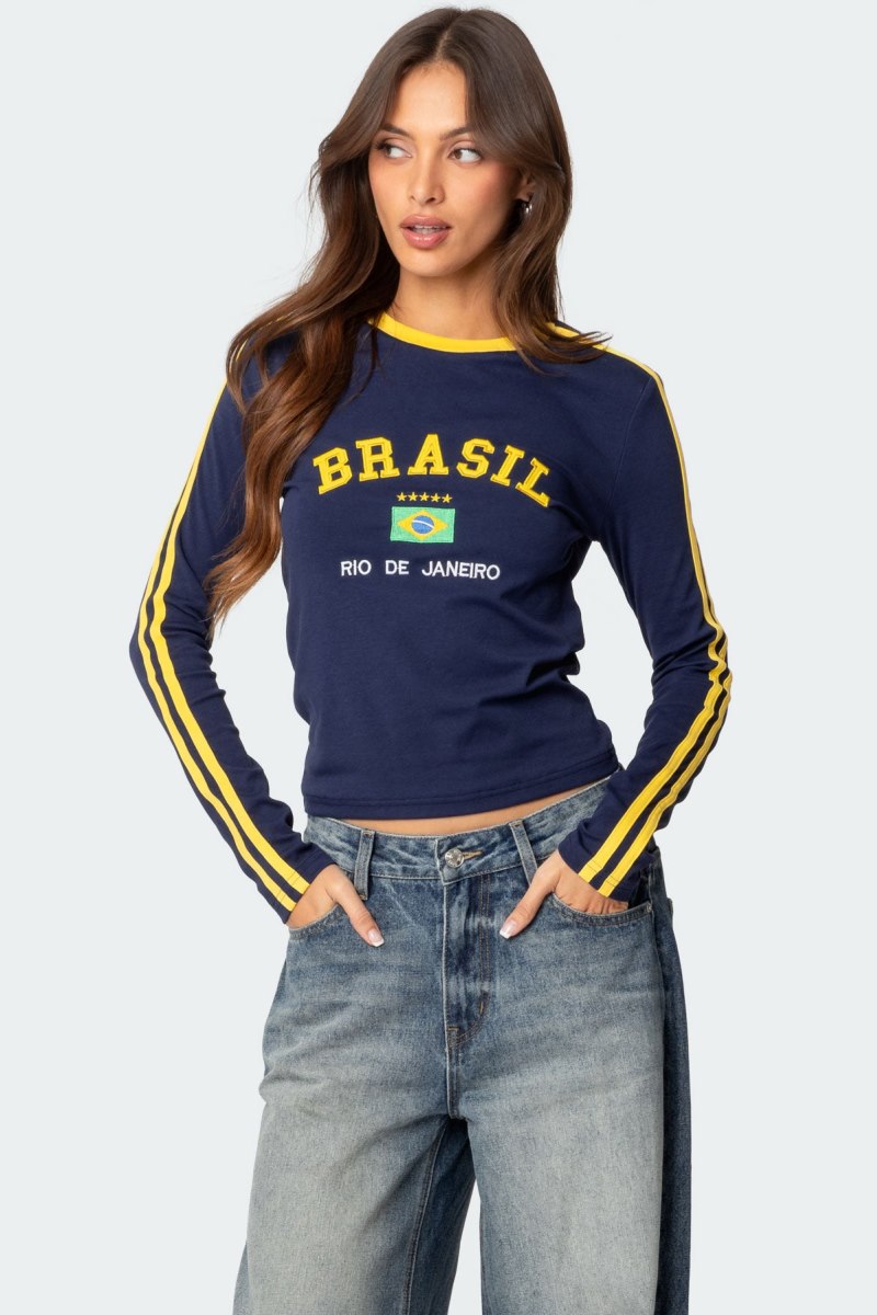 Edikted Brasil Embroidered Long Sleeve T Shirt Graphic Tops Navy | USA PE684958C7