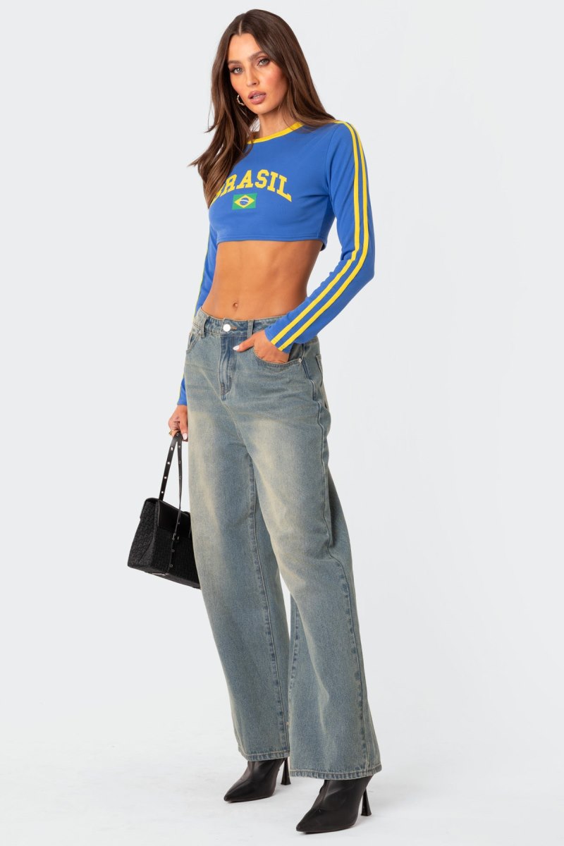 Edikted Brasil Long Sleeved Crop Graphic Tops Blue | USA DI536493H7