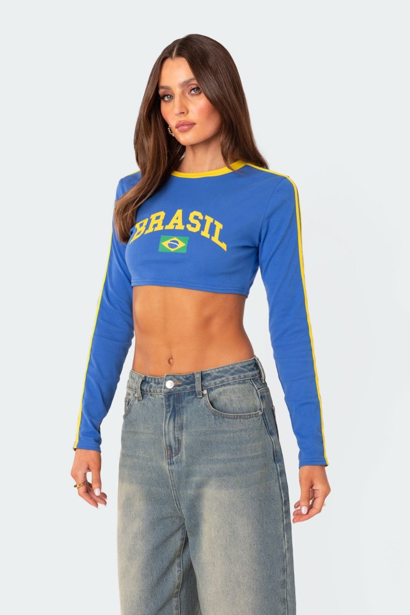 Edikted Brasil Long Sleeved Crop Graphic Tops Blue | USA DI536493H7