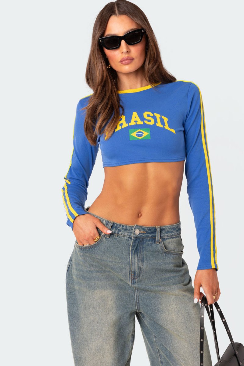 Edikted Brasil Long Sleeved Crop Graphic Tops Blue | USA DI536493H7