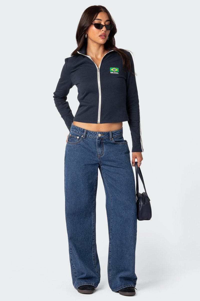 Edikted Brasil Zip Up Sweatshirt Long Sleeve Tops Navy | USA QL014031D8