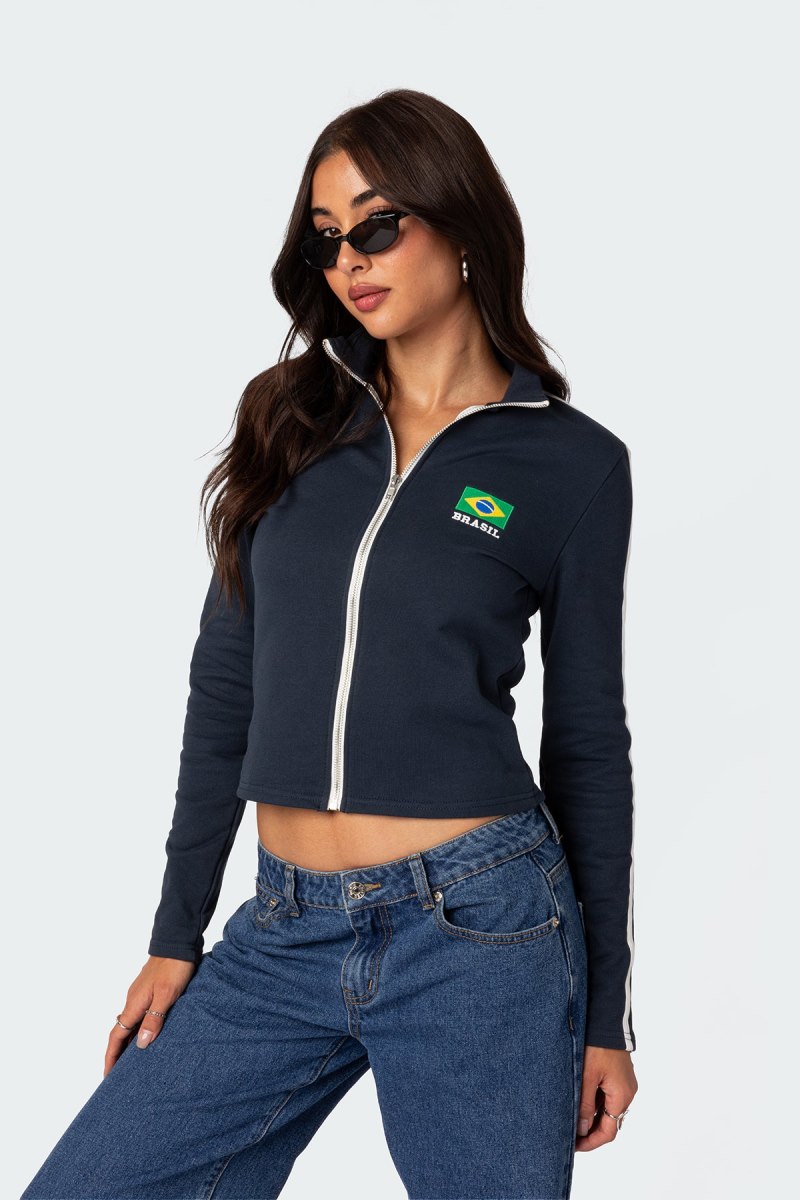 Edikted Brasil Zip Up Sweatshirt Long Sleeve Tops Navy | USA QL014031D8