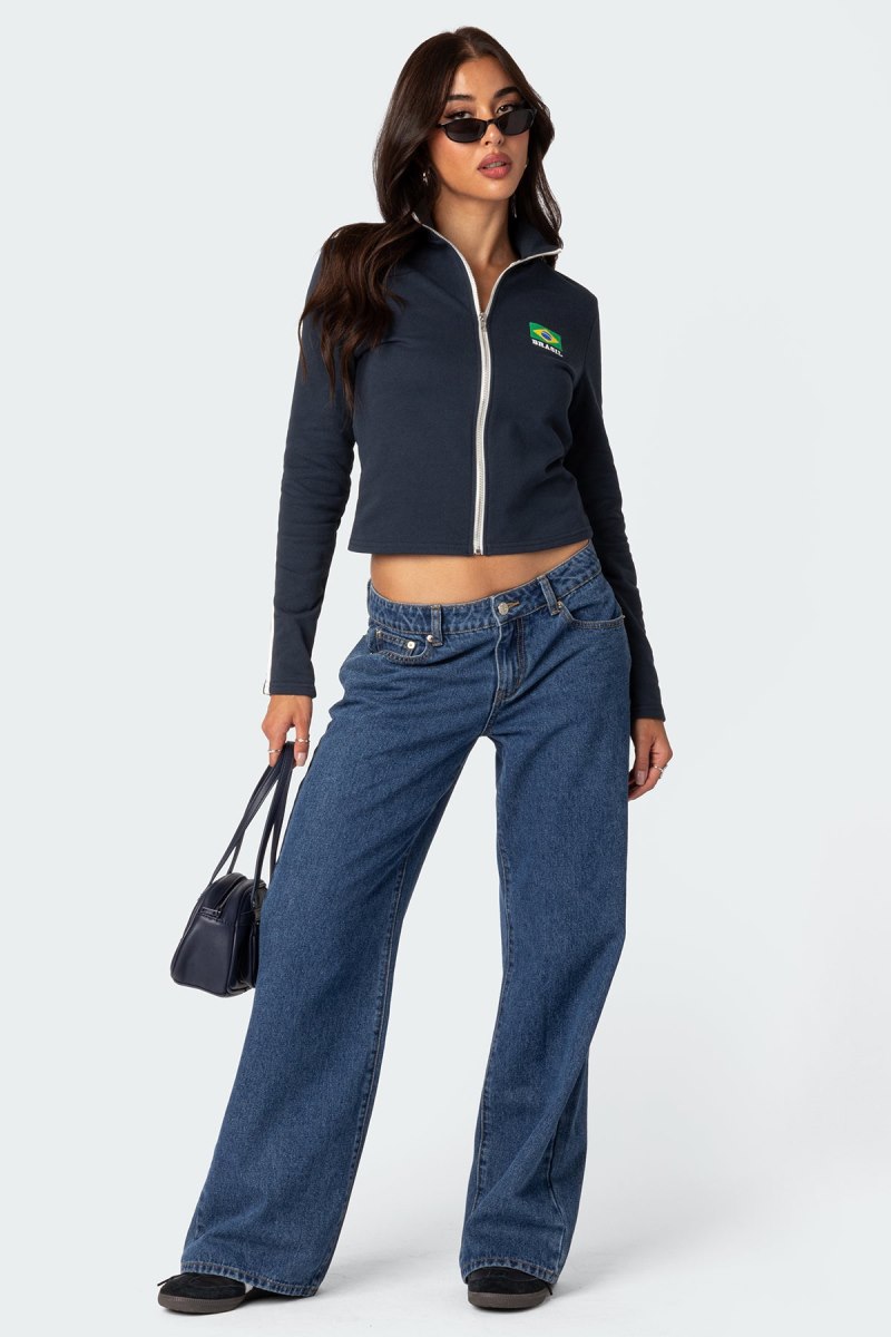 Edikted Brasil Zip Up Sweatshirt Long Sleeve Tops Navy | USA QL014031D8