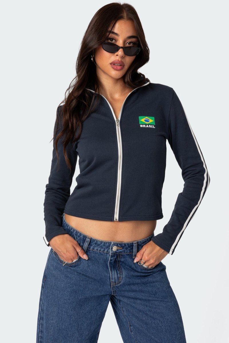 Edikted Brasil Zip Up Sweatshirt Long Sleeve Tops Navy | USA QL014031D8