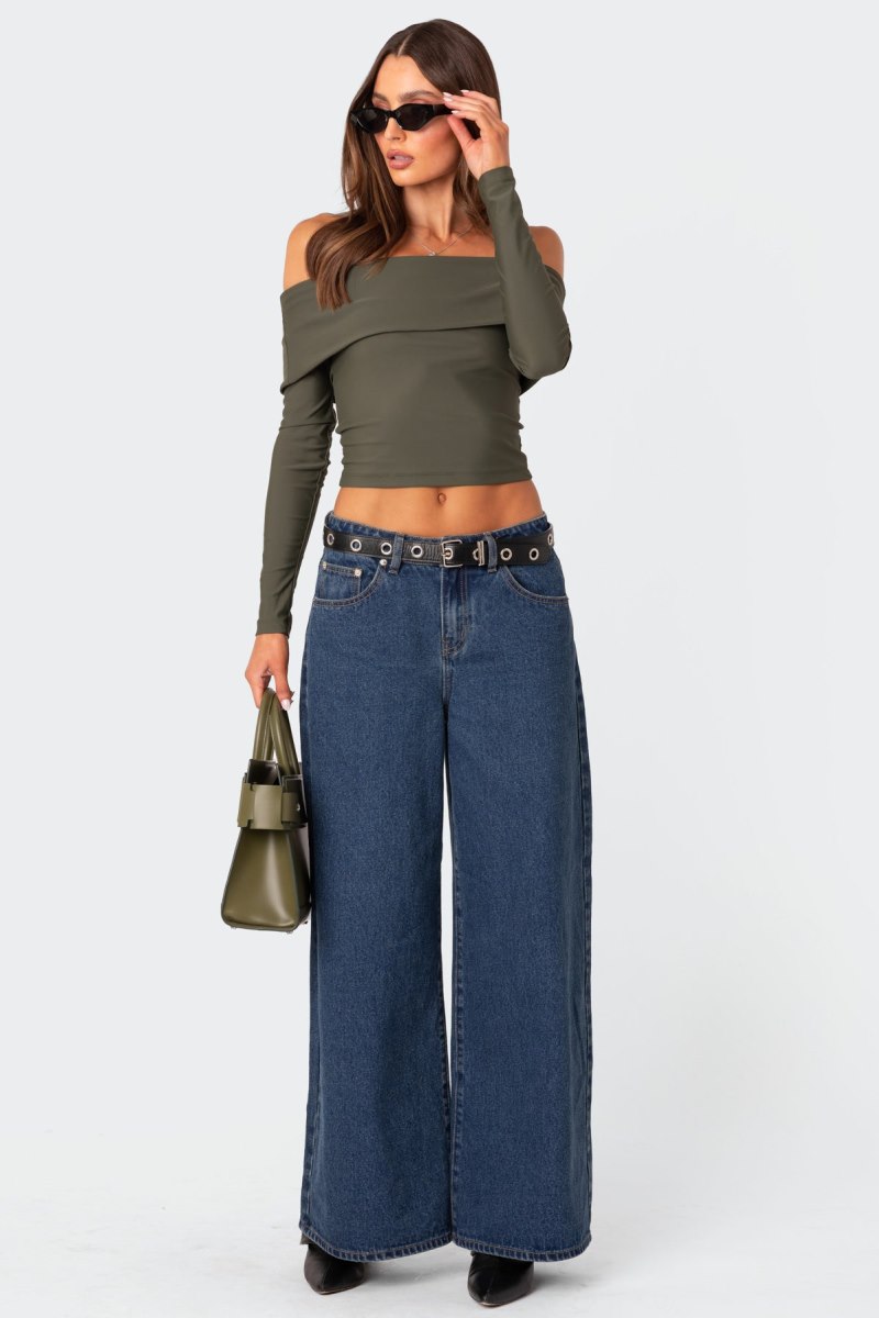 Edikted Brea Fold Over Long Sleeve Tops Olive | USA MY238563Z8