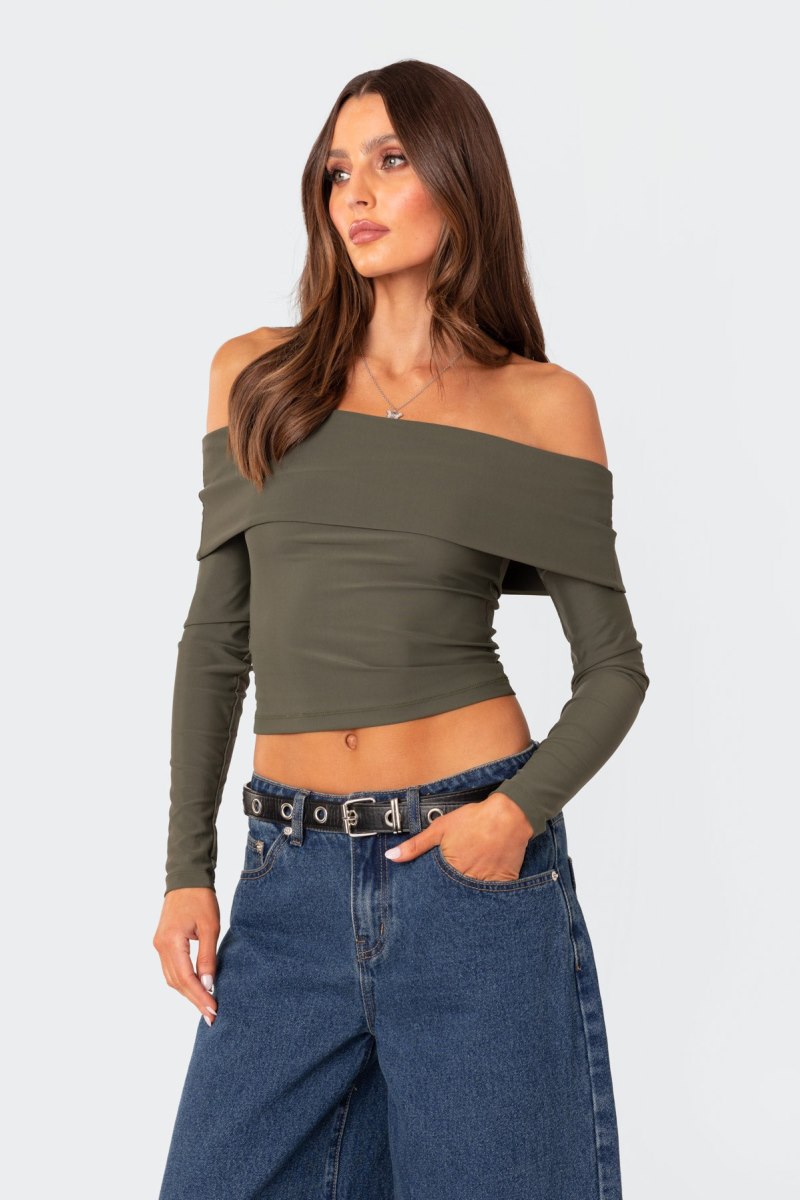 Edikted Brea Fold Over Long Sleeve Tops Olive | USA MY238563Z8