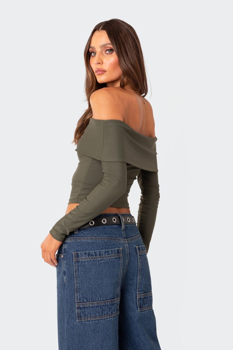 Edikted Brea Fold Over Long Sleeve Tops Olive | USA MY238563Z8
