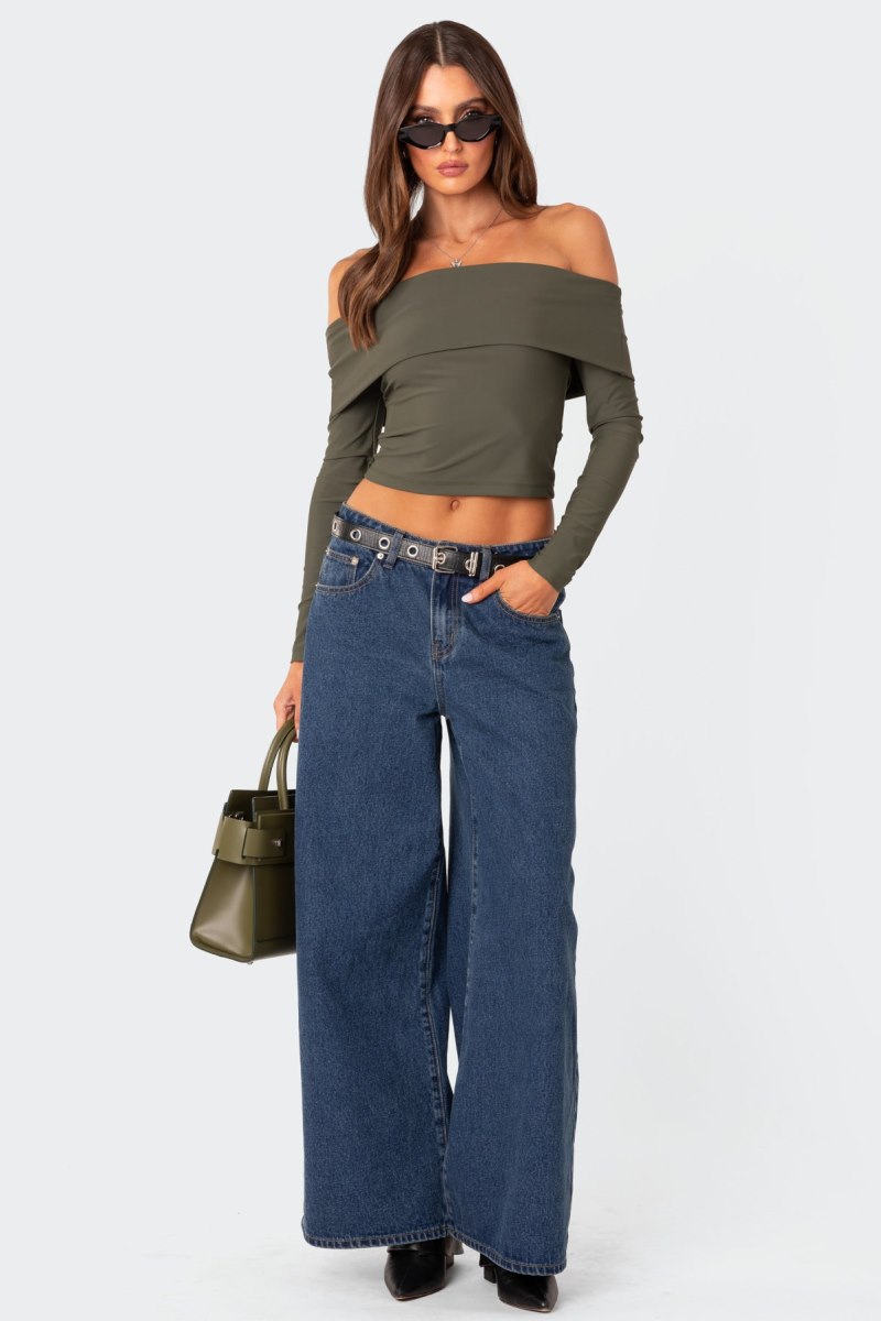 Edikted Brea Fold Over Long Sleeve Tops Olive | USA MY238563Z8