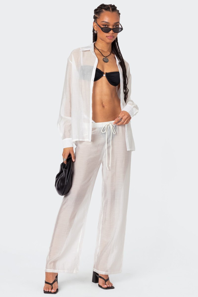 Edikted Breezy Oversized Sheer Button Up Shirt Long Sleeve Tops White | USA KU266826Z7