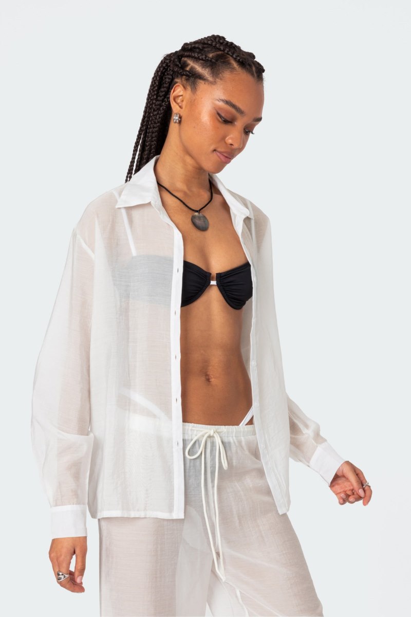 Edikted Breezy Oversized Sheer Button Up Shirt Long Sleeve Tops White | USA KU266826Z7