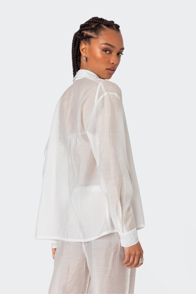 Edikted Breezy Oversized Sheer Button Up Shirt Long Sleeve Tops White | USA KU266826Z7