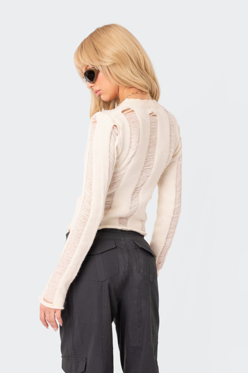 Edikted Brentley Distressed Sweater Long Sleeve Tops Cream | USA MR893249L8