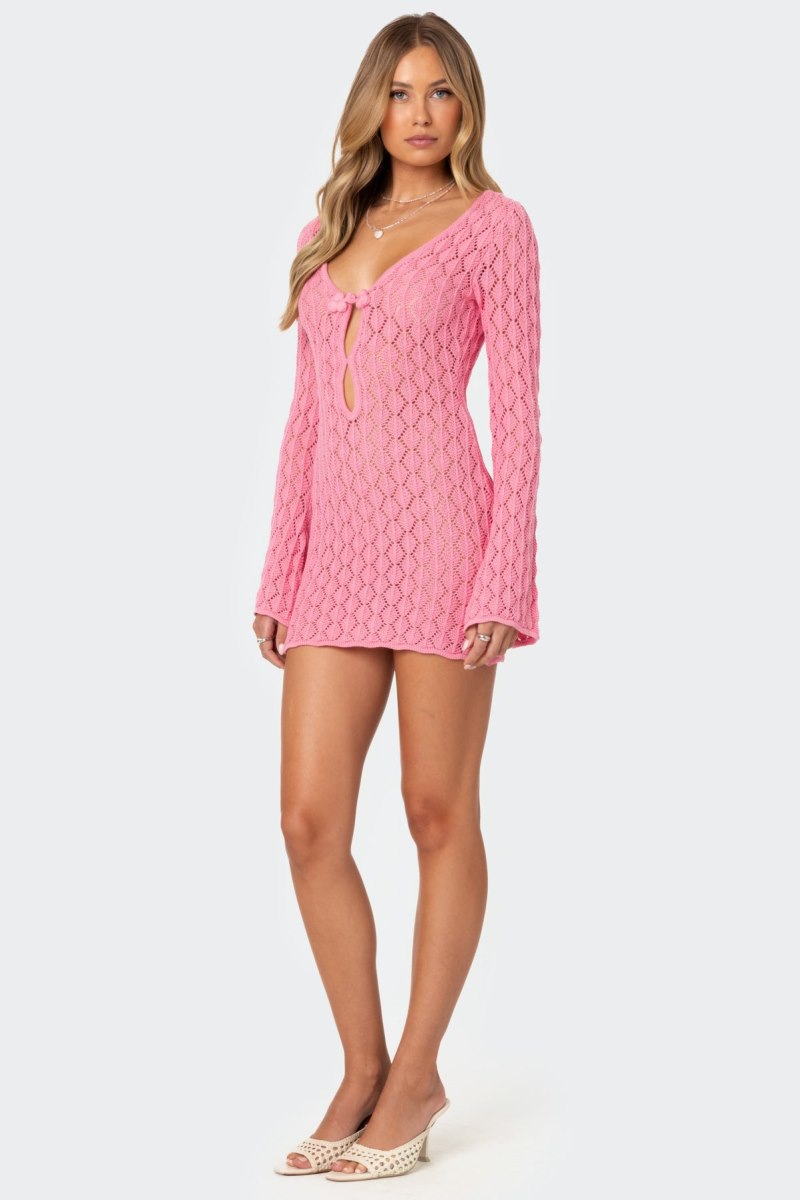 Edikted Brie Cut Out Crochet Mini Long Sleeve Dress Cream | USA SQ795679Z2