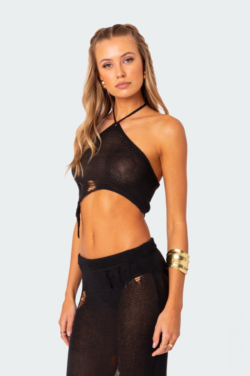 Edikted Britt Distressed Asymmetric Knit Crop Tops Black | USA QP653875A7