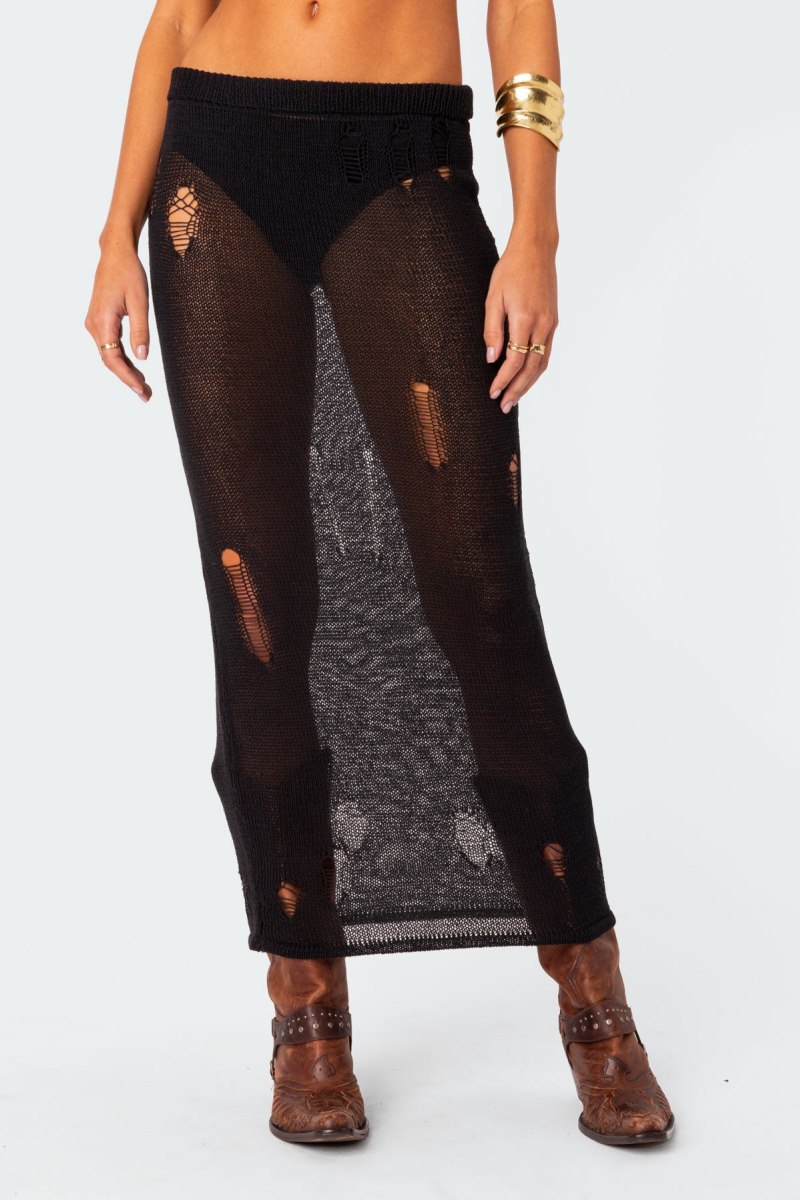 Edikted Britt Distressed Knit Maxi Skirts Black | USA GG167696P5