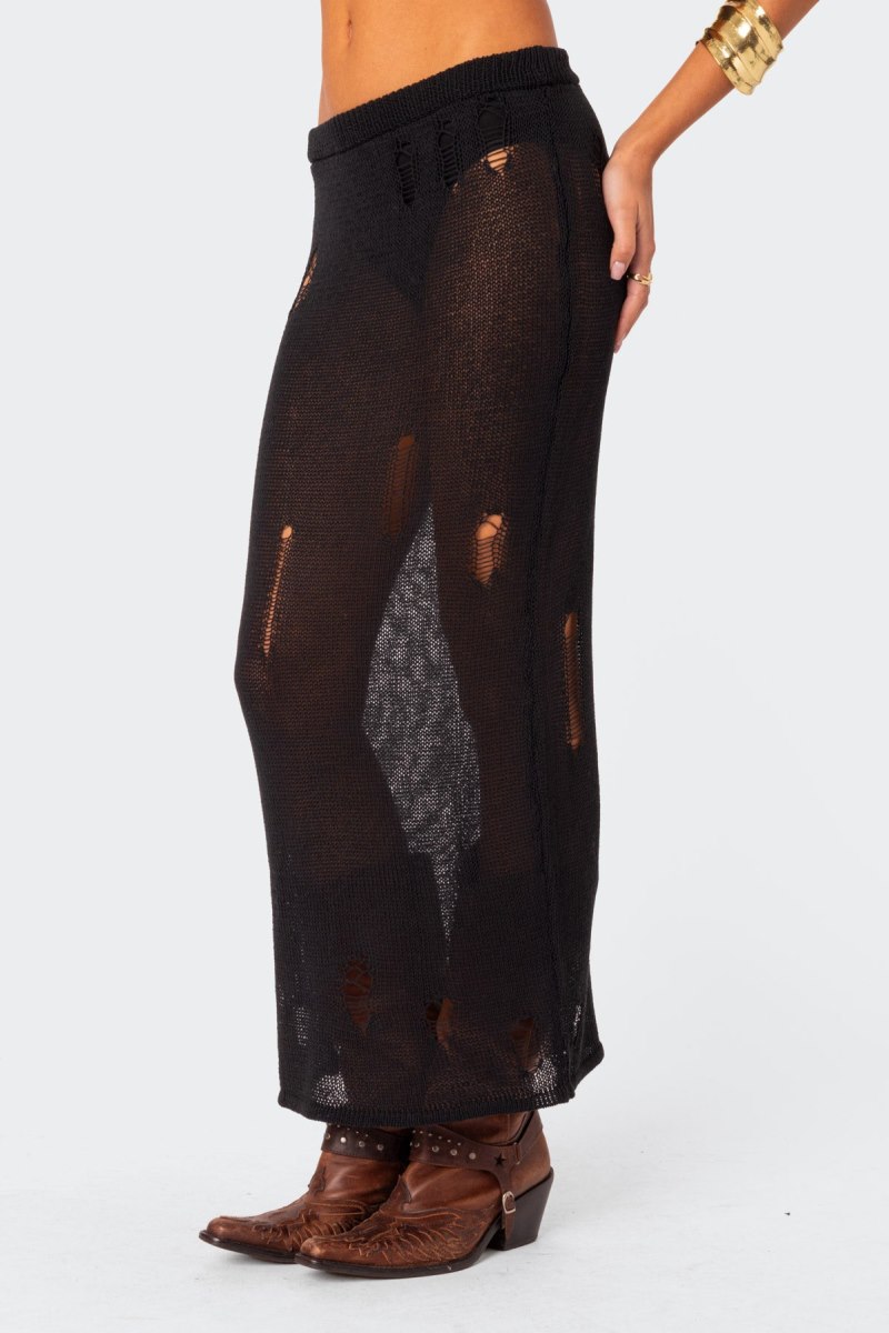 Edikted Britt Distressed Knit Maxi Skirts Black | USA GG167696P5
