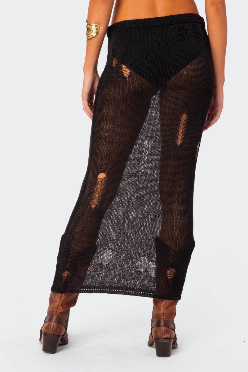 Edikted Britt Distressed Knit Maxi Skirts Black | USA GG167696P5