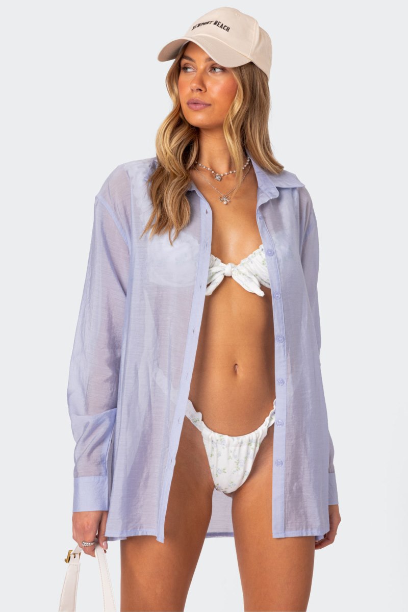 Edikted Bryce Oversized Sheer Button Up Shirt Long Sleeve Tops Blue | USA CA246624X1